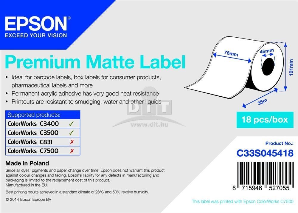 Epson S045418 Premium Matt címkeszalag 101mm x 46mm 18pcs/box
