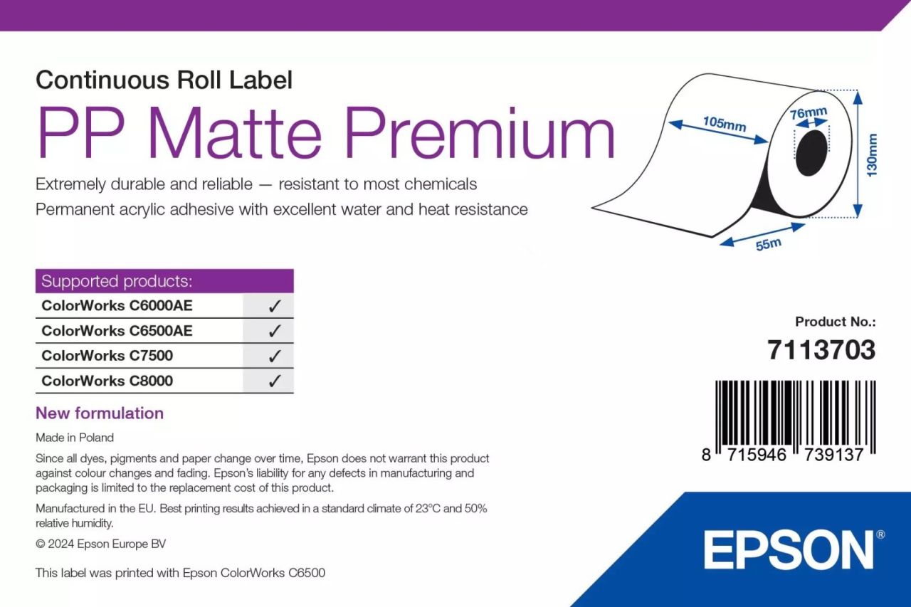 Epson 7113703 PP Matt Premium címkeszalag 105mm x 55m White