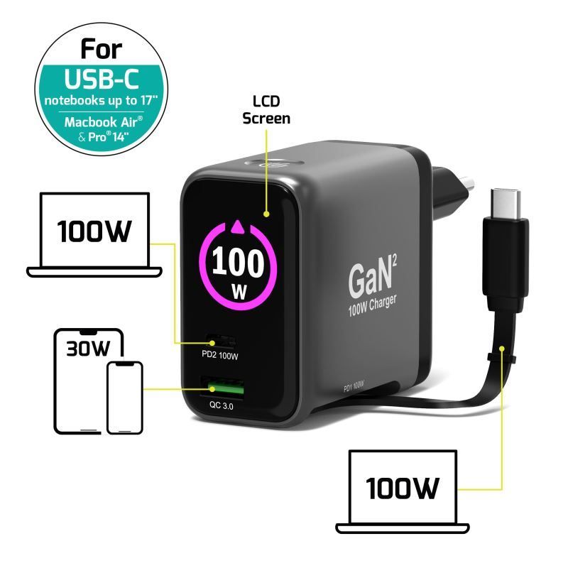 Port Designs GaN2 PD 100W Wall Charger with 70cm USB-C cable Black Port Designs GaN2 PD 100W Wall Charger with 70cm USB-C cable Black