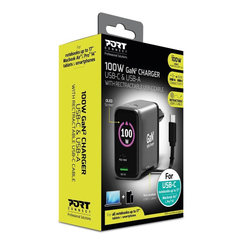 Port Designs GaN2 PD 100W Wall Charger with 70cm USB-C cable Black Port Designs GaN2 PD 100W Wall Charger with 70cm USB-C cable Black