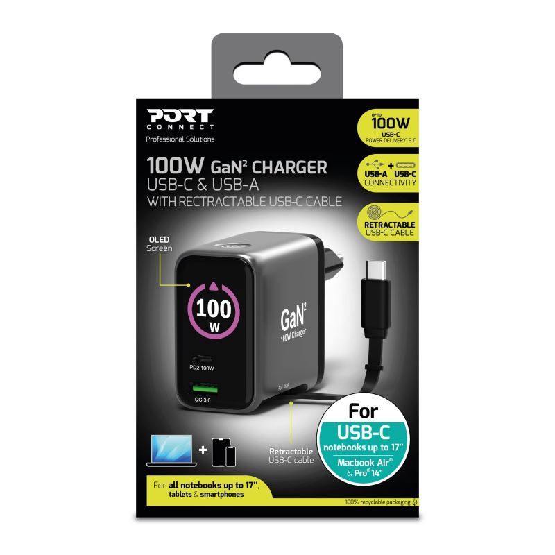Port Designs GaN2 PD 100W Wall Charger with 70cm USB-C cable Black Port Designs GaN2 PD 100W Wall Charger with 70cm USB-C cable Black