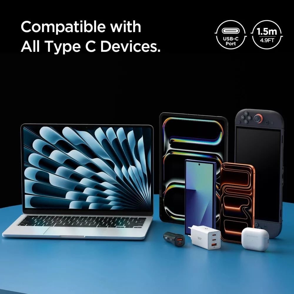 Spigen Essential USB-C to USB-C 60W Fabric Cable 1,5m White Spigen Essential USB-C to USB-C 60W Fabric Cable 1,5m White