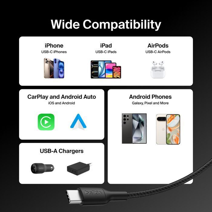 Belkin Braided USB-A to USB-C Cable 15W 2m Black Belkin Braided USB-A to USB-C Cable 15W 2m Black