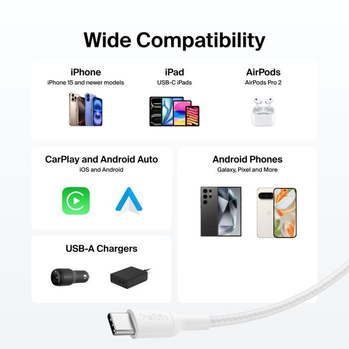 Belkin Braided USB-A to USB-C Cable 15W 2m White Belkin Braided USB-A to USB-C Cable 15W 2m White