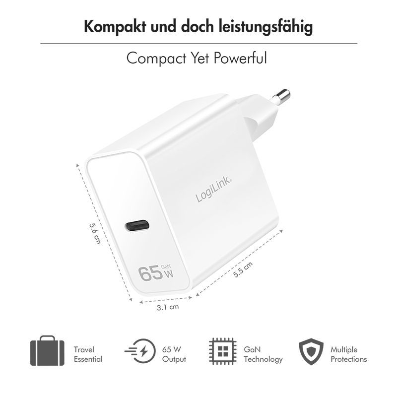 Logilink USB-C charger 65W GaN 1-port 1xUSB-C (PD/QC) White Logilink USB-C charger 65W GaN 1-port 1xUSB-C (PD/QC) White