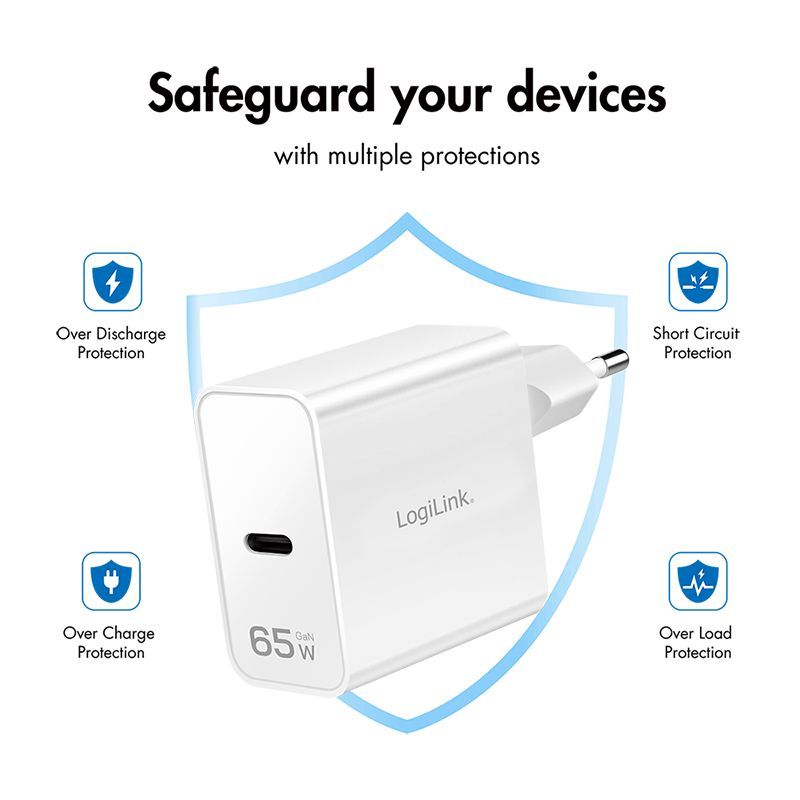 Logilink USB-C charger 65W GaN 1-port 1xUSB-C (PD/QC) White Logilink USB-C charger 65W GaN 1-port 1xUSB-C (PD/QC) White