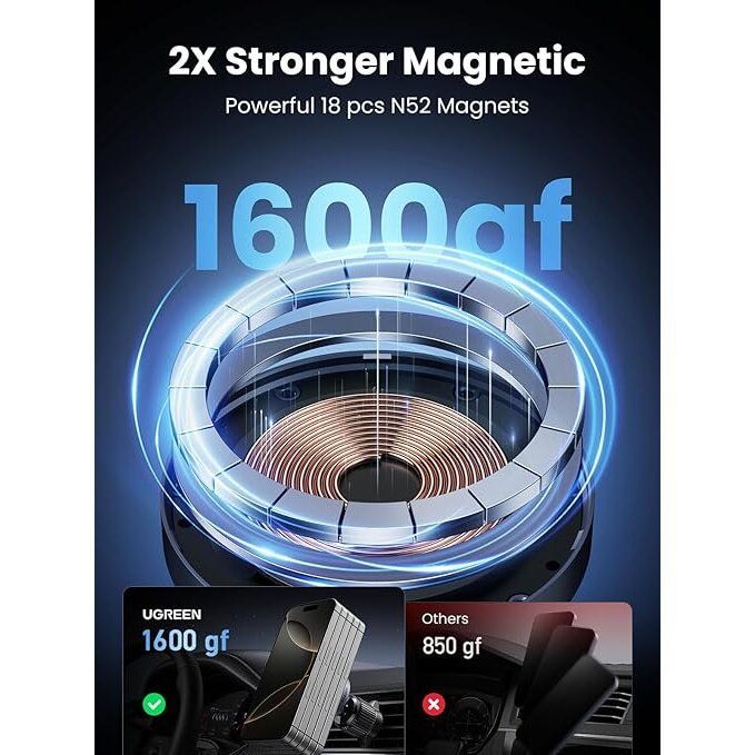UGREEN Magnetic Wireless Car Charger Qi2 15W Air Vent Mountable Gray UGREEN Magnetic Wireless Car Charger Qi2 15W Air Vent Mountable Gray
