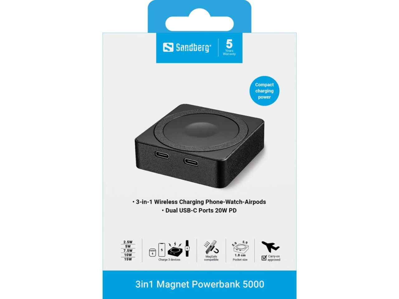 Sandberg Magnet 3in1 5000mAh Wireless PowerBank Black Sandberg Magnet 3in1 5000mAh Wireless PowerBank Black