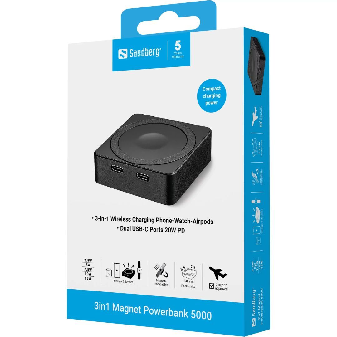 Sandberg Magnet 3in1 5000mAh Wireless PowerBank Black Sandberg Magnet 3in1 5000mAh Wireless PowerBank Black