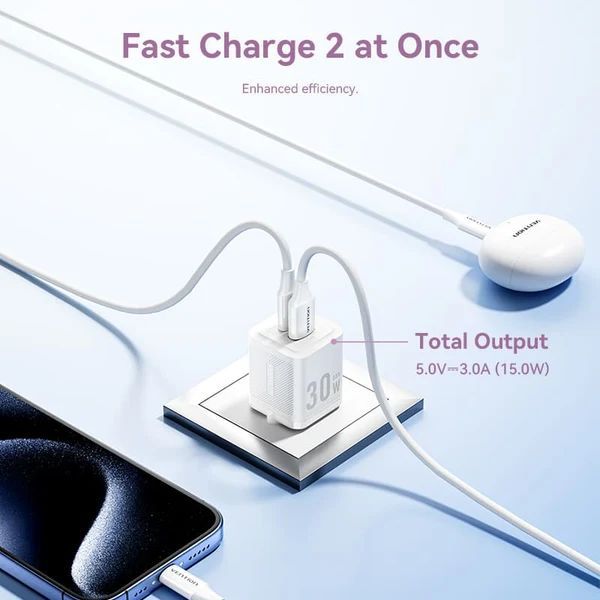Vention 2-Port USB (C+A) GaN Charger (30W/30W) EU-Plug Pink