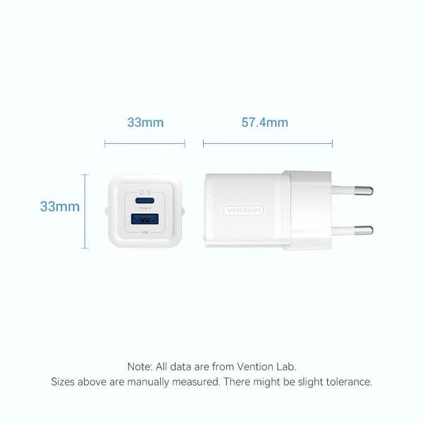 Vention 2-Port USB (C+A) GaN Charger (30W/30W) EU-Plug Pink
