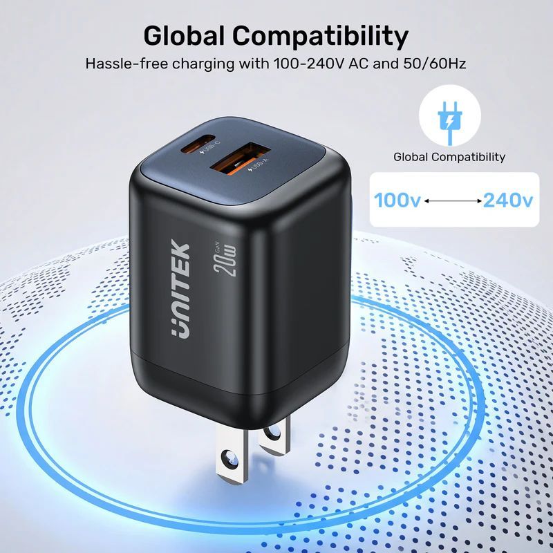 Unitek Zeno 20W Dual-Port Gan Wall Charger EU Black