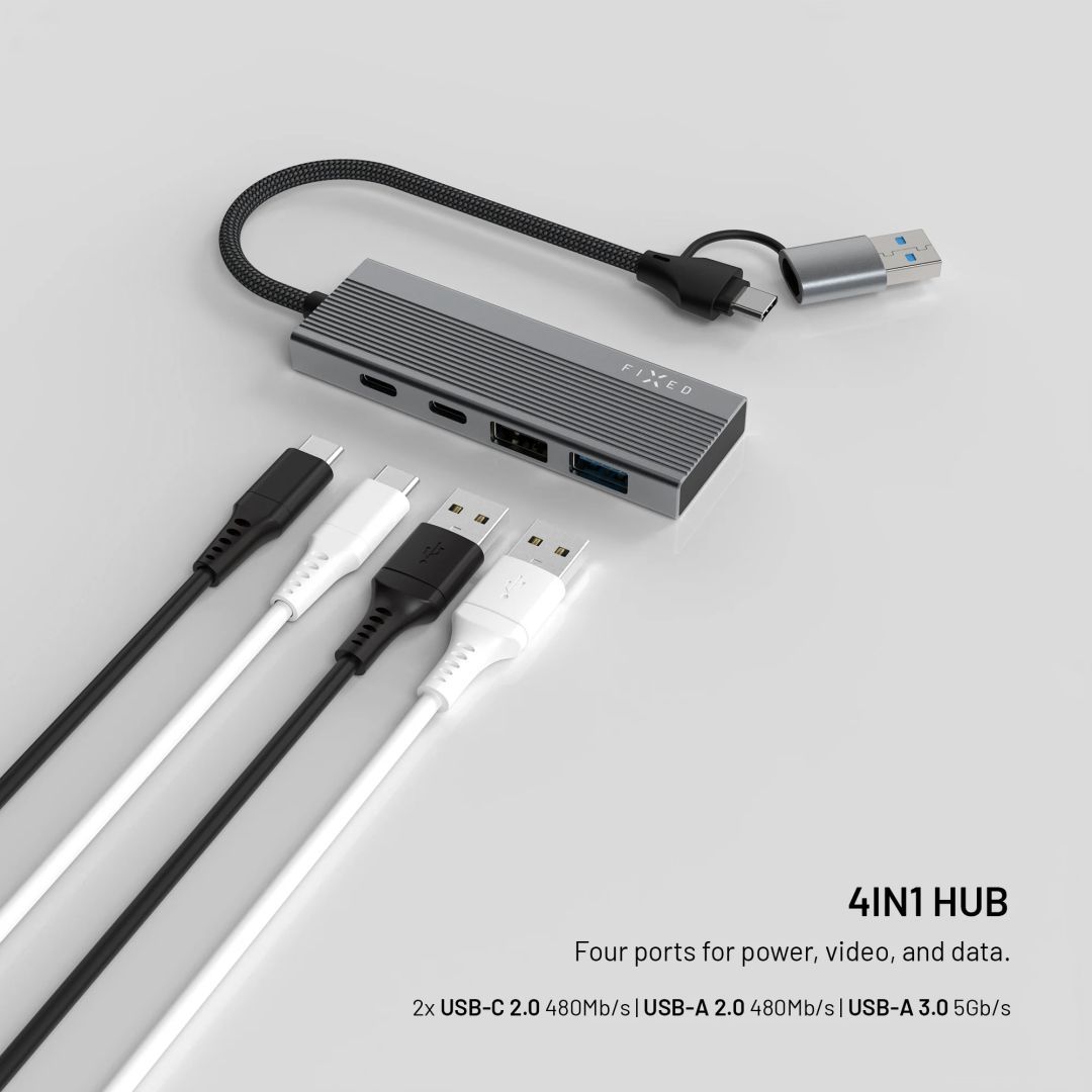 FIXED 4 portos USB-HUB, sötétszürke