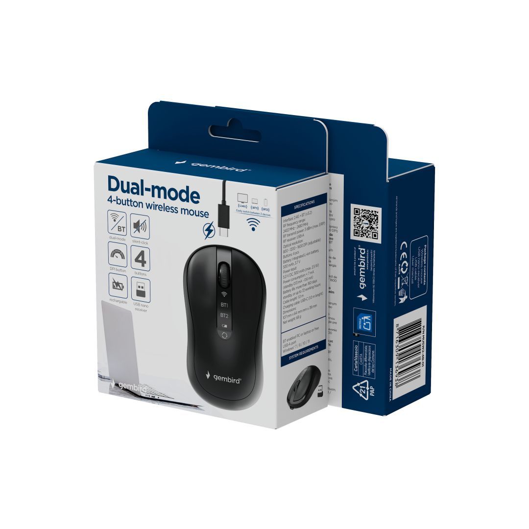 Gembird MUSW2-4B-01 Dual-Mode Wireless Bluetooth Mouse Black Gembird MUSW2-4B-01 Dual-Mode Wireless Bluetooth Mouse Black