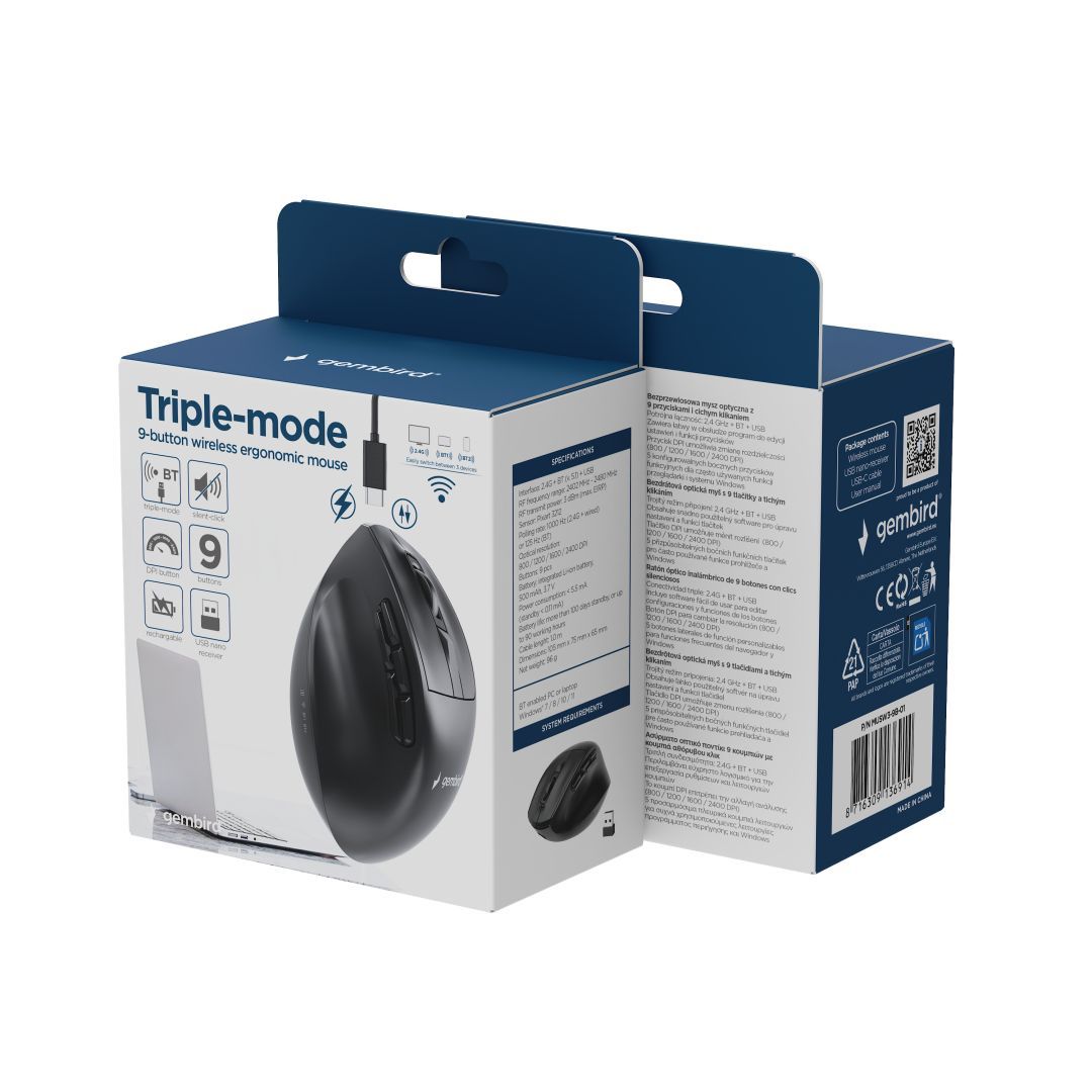 Gembird MUSW3-9B-01 Triple-Mode Wireless Bluetooth Mouse Black Gembird MUSW3-9B-01 Triple-Mode Wireless Bluetooth Mouse Black