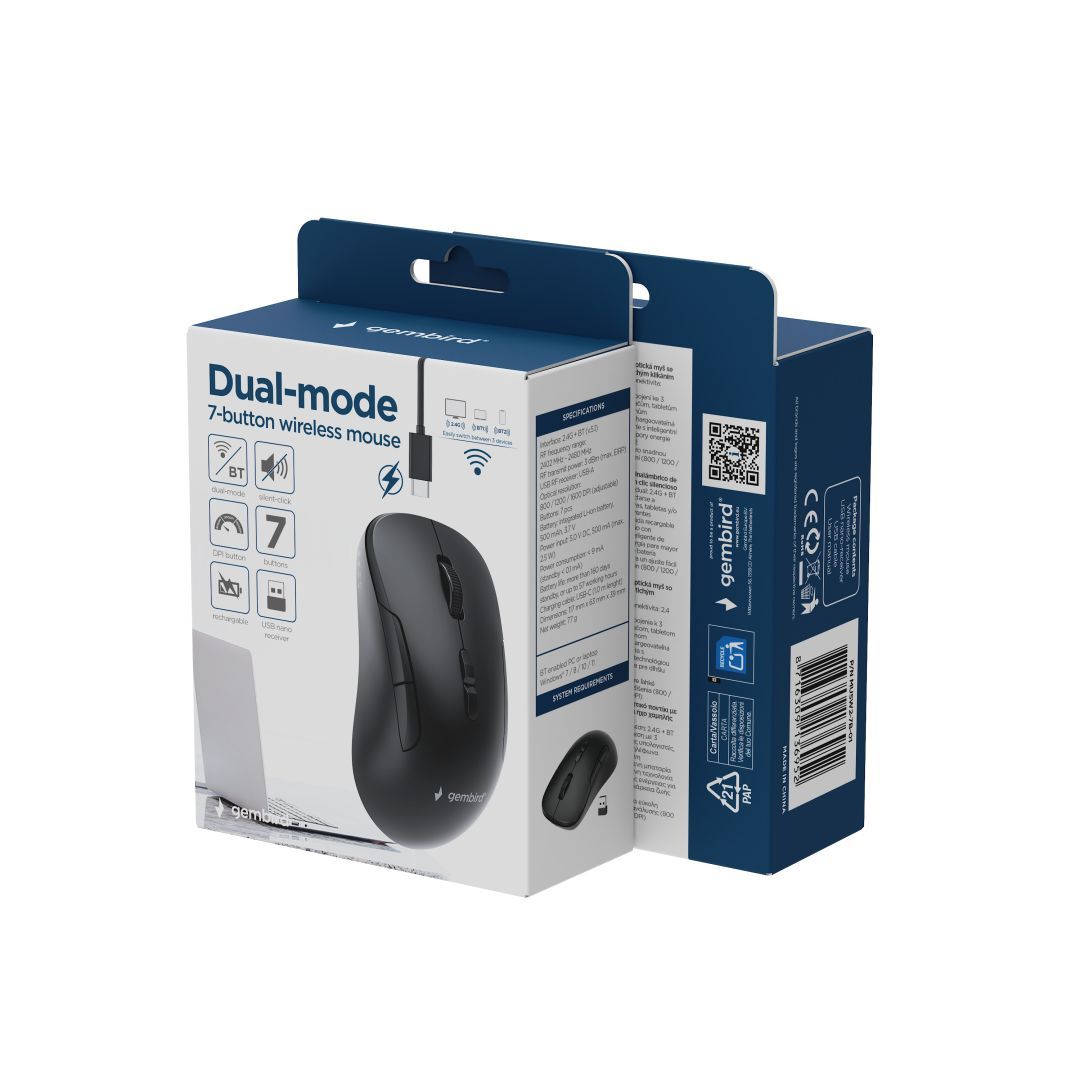 Gembird MUSW2-7B-01 Dual-Mode Wireless Bluetooth Mouse Black Gembird MUSW2-7B-01 Dual-Mode Wireless Bluetooth Mouse Black