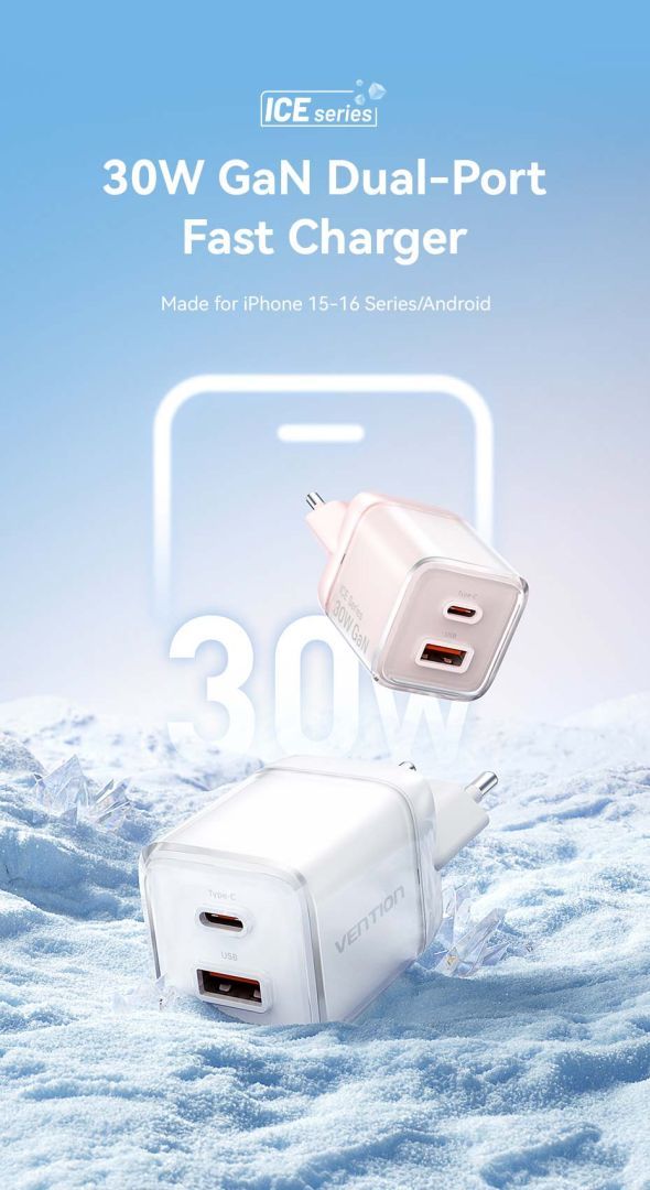 Vention 2-Port USB (C-A) GaN Charger (30W/30W) EU-Plug White Vention 2-Port USB (C-A) GaN Charger (30W/30W) EU-Plug White
