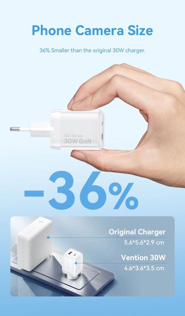 Vention 2-Port USB (C-A) GaN Charger (30W/30W) EU-Plug White Vention 2-Port USB (C-A) GaN Charger (30W/30W) EU-Plug White