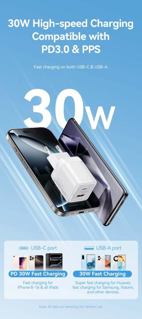 Vention 2-Port USB (C-A) GaN Charger (30W/30W) EU-Plug White Vention 2-Port USB (C-A) GaN Charger (30W/30W) EU-Plug White