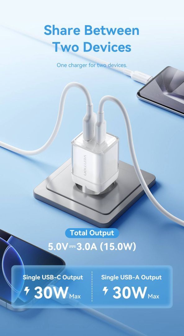 Vention 2-Port USB (C-A) GaN Charger (30W/30W) EU-Plug White Vention 2-Port USB (C-A) GaN Charger (30W/30W) EU-Plug White
