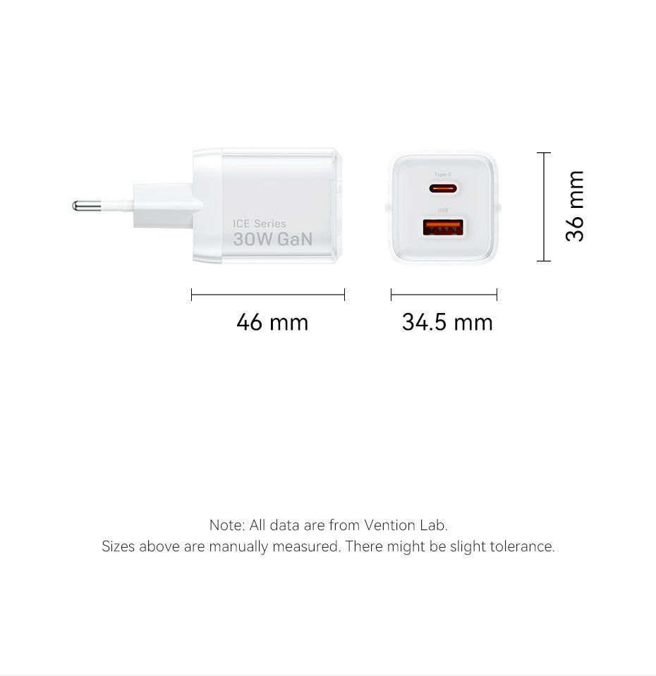 Vention 2-Port USB (C-A) GaN Charger (30W/30W) EU-Plug White Vention 2-Port USB (C-A) GaN Charger (30W/30W) EU-Plug White