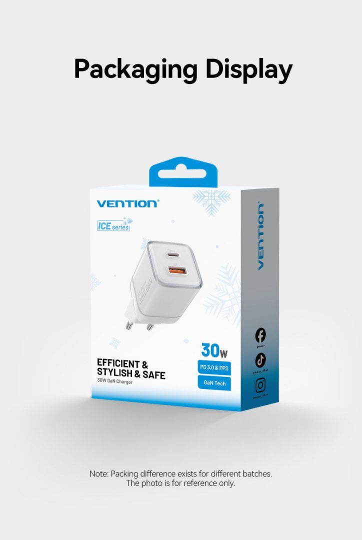 Vention 2-Port USB (C-A) GaN Charger (30W/30W) EU-Plug White Vention 2-Port USB (C-A) GaN Charger (30W/30W) EU-Plug White