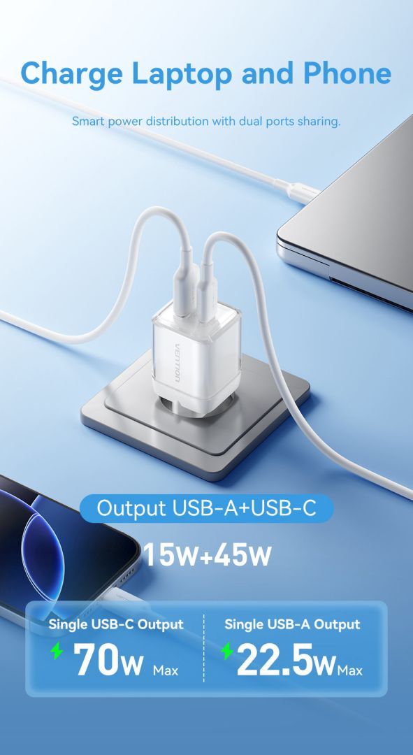 Vention 2-Port USB (C-A) GaN Charger (70W/22.5W) EU-Plug White Vention 2-Port USB (C-A) GaN Charger (70W/22.5W) EU-Plug White