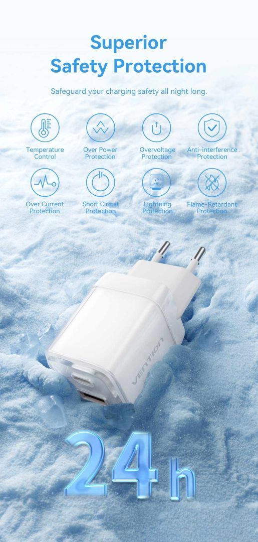 Vention 2-Port USB (C-A) GaN Charger (70W/22.5W) EU-Plug White Vention 2-Port USB (C-A) GaN Charger (70W/22.5W) EU-Plug White