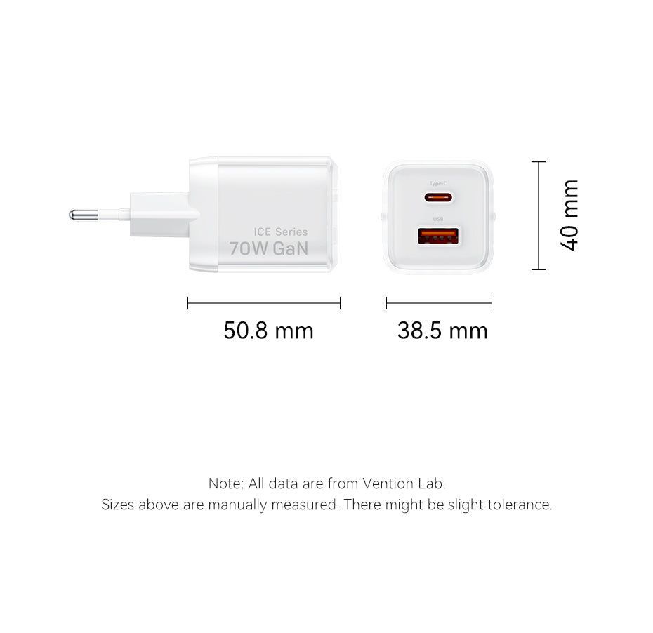Vention 2-Port USB (C-A) GaN Charger (70W/22.5W) EU-Plug White Vention 2-Port USB (C-A) GaN Charger (70W/22.5W) EU-Plug White