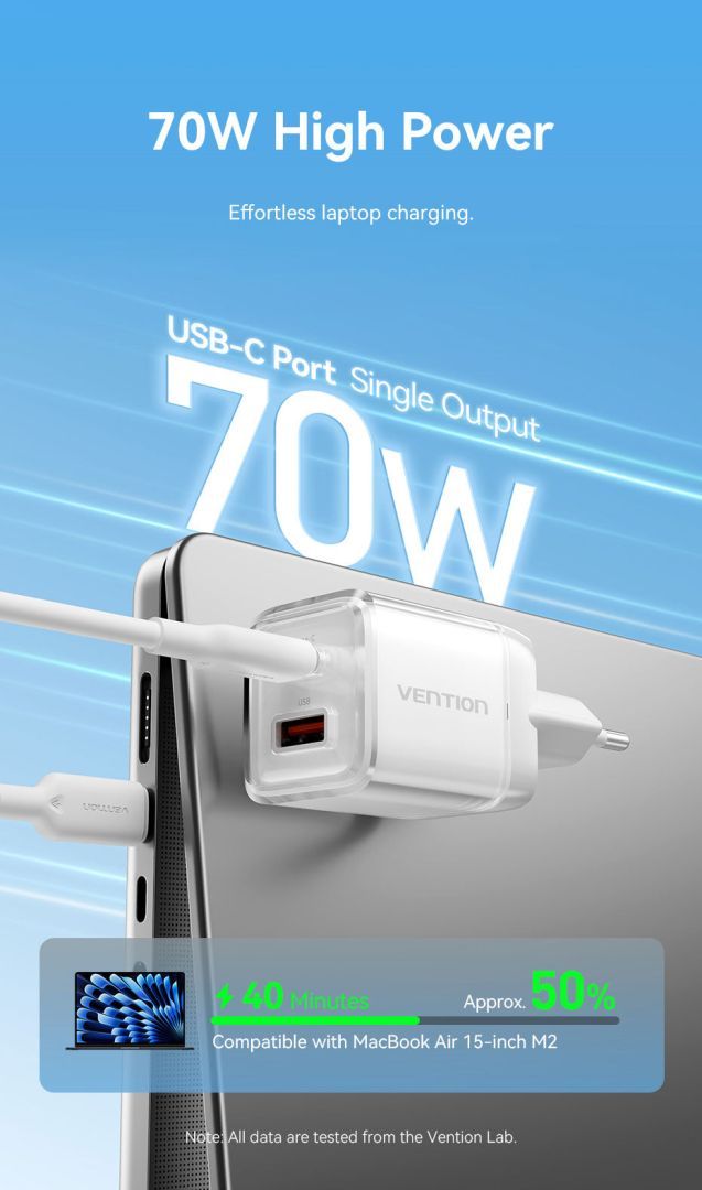Vention 2-Port USB (C-A) GaN Charger (70W/22.5W) EU-Plug Pink Vention 2-Port USB (C-A) GaN Charger (70W/22.5W) EU-Plug Pink