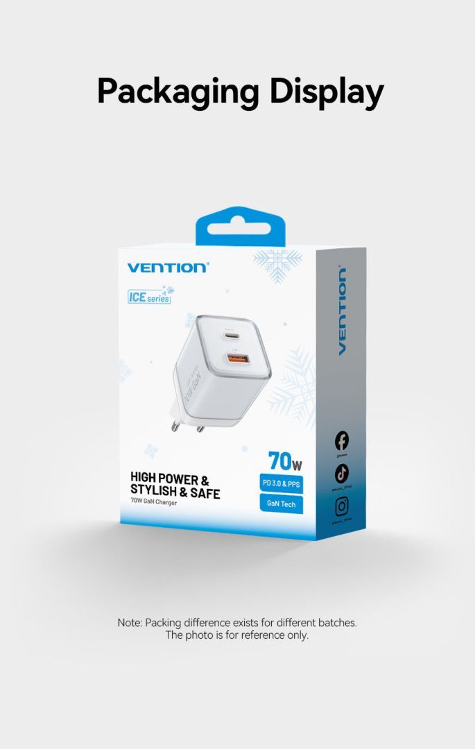 Vention 2-Port USB (C-A) GaN Charger (70W/22.5W) EU-Plug Pink Vention 2-Port USB (C-A) GaN Charger (70W/22.5W) EU-Plug Pink