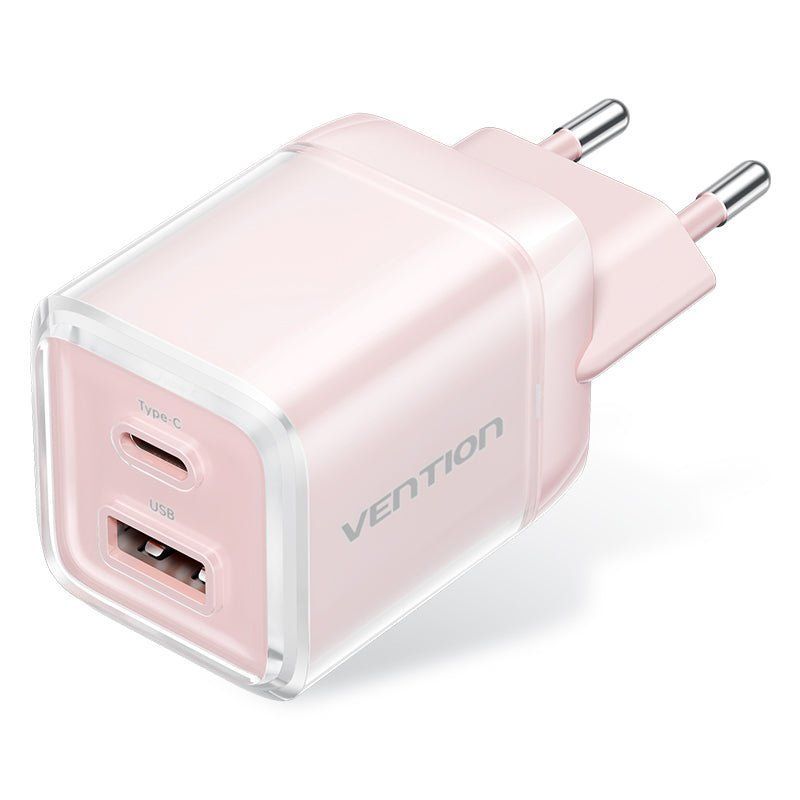 Vention 2-Port USB (C-A) GaN Charger (70W/22.5W) EU-Plug Pink Vention 2-Port USB (C-A) GaN Charger (70W/22.5W) EU-Plug Pink