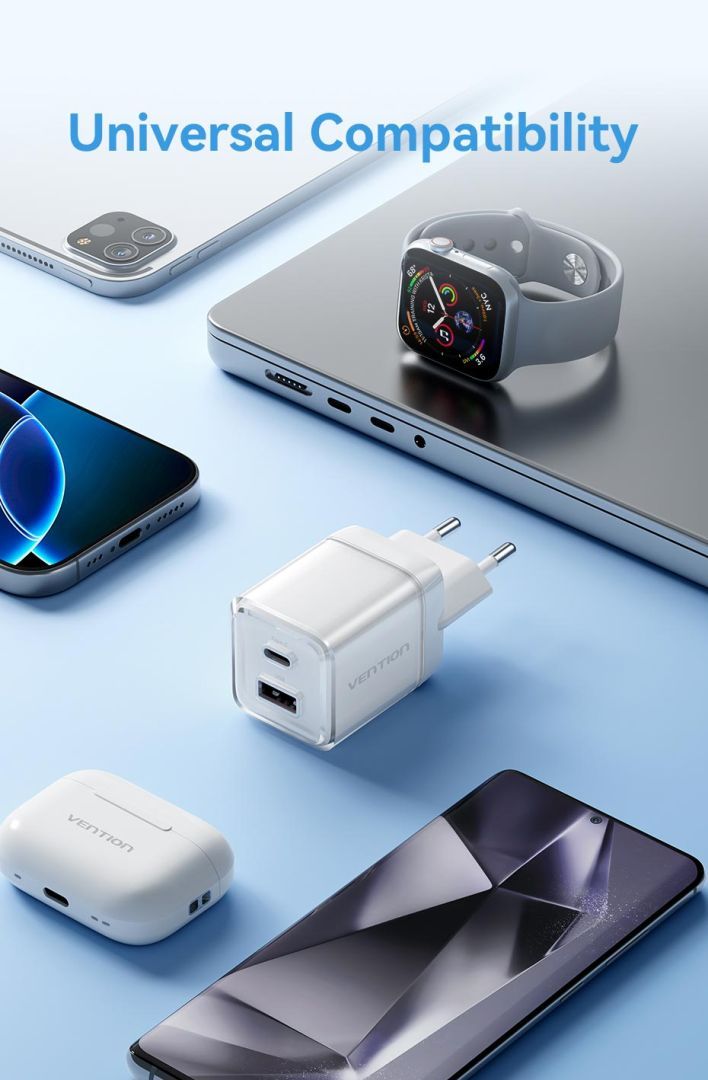 Vention 2-Port USB (C-A) GaN Charger (70W/22.5W) EU-Plug Gray Vention 2-Port USB (C-A) GaN Charger (70W/22.5W) EU-Plug Gray