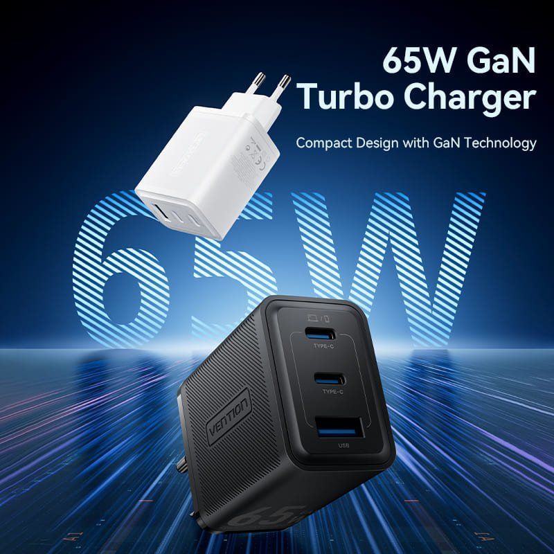 Vention 3-Port USB (C+C+A) GaN Charger (65W/65W/60W) EU-Plug White Vention 3-Port USB (C+C+A) GaN Charger (65W/65W/60W) EU-Plug White