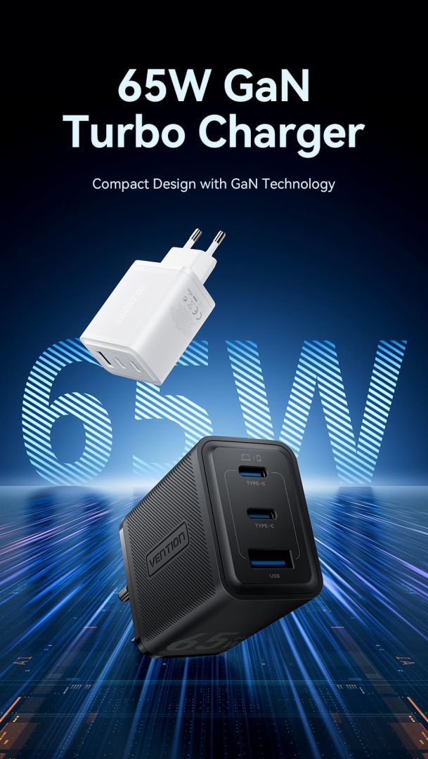 Vention 3-Port USB (C+C+A) GaN Charger (65W/65W/60W) EU-Plug White Vention 3-Port USB (C+C+A) GaN Charger (65W/65W/60W) EU-Plug White