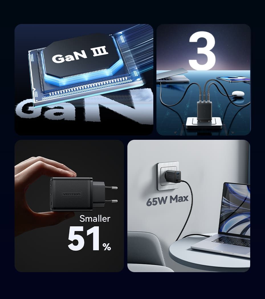 Vention 3-Port USB (C+C+A) GaN Charger (65W/65W/60W) EU-Plug White Vention 3-Port USB (C+C+A) GaN Charger (65W/65W/60W) EU-Plug White