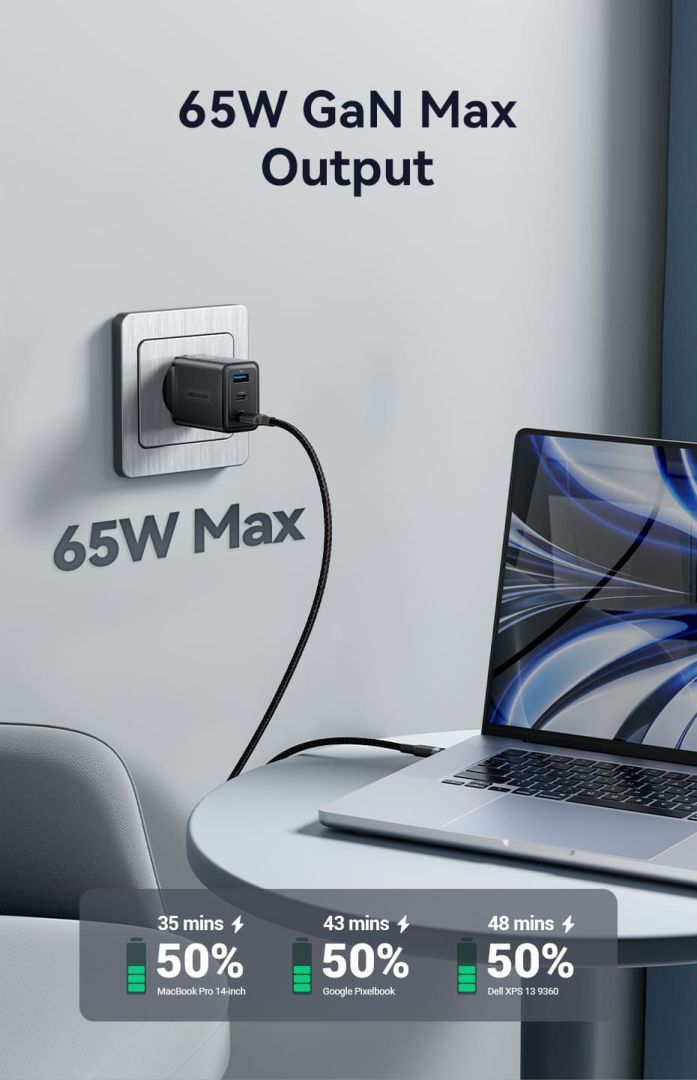 Vention 3-Port USB (C+C+A) GaN Charger (65W/65W/60W) EU-Plug White Vention 3-Port USB (C+C+A) GaN Charger (65W/65W/60W) EU-Plug White