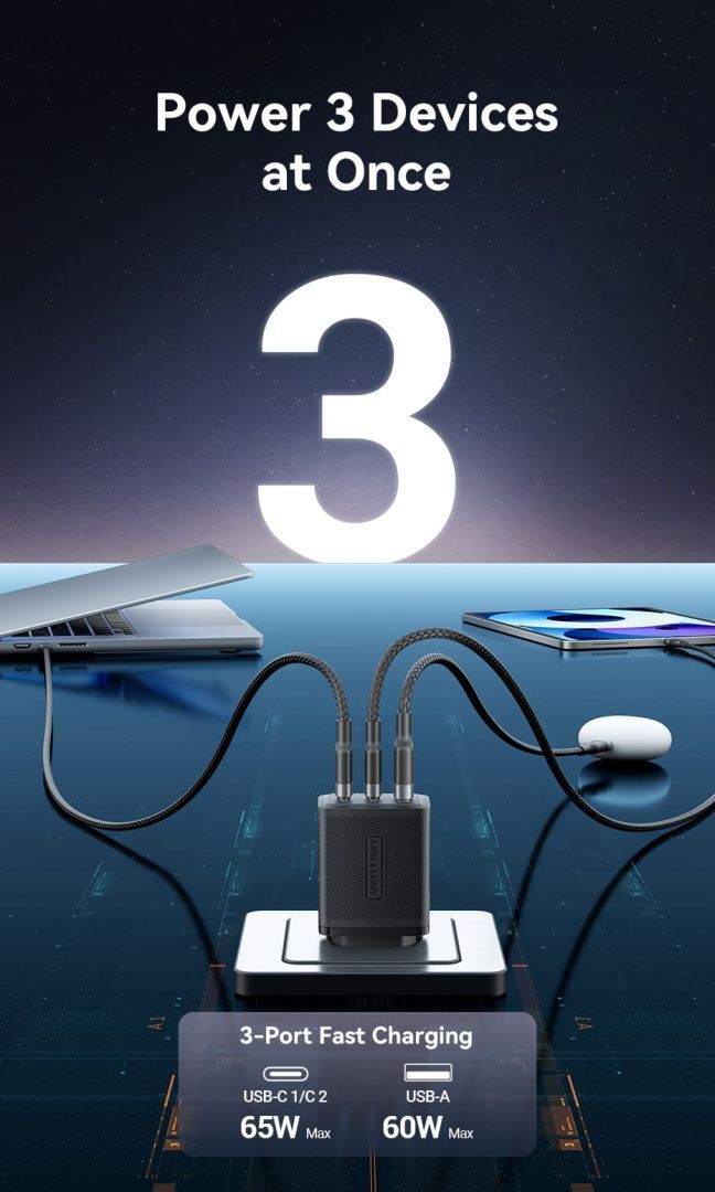 Vention 3-Port USB (C+C+A) GaN Charger (65W/65W/60W) EU-Plug White Vention 3-Port USB (C+C+A) GaN Charger (65W/65W/60W) EU-Plug White