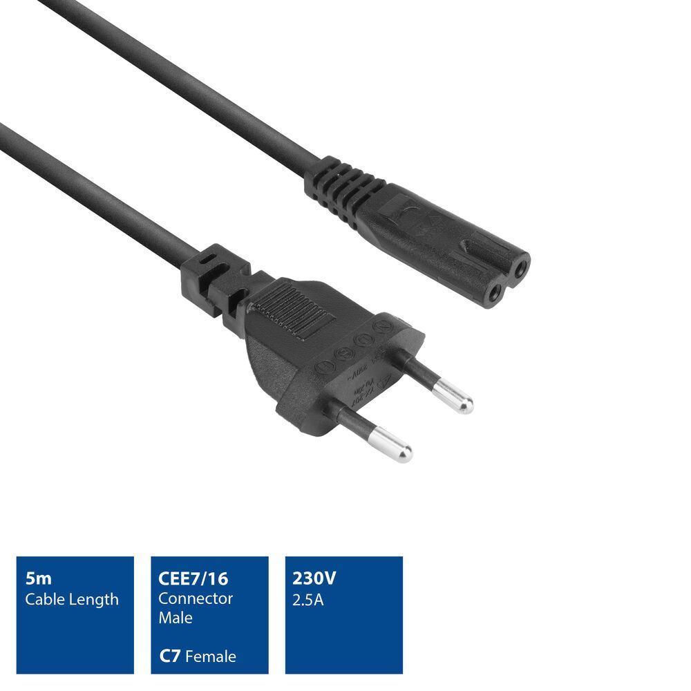 ACT AK5419 Powercord Euro male - C7 female 5m Black ACT AK5419 Powercord Euro male - C7 female 5m Black