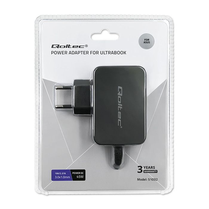 Qoltec 51032 19V / 2,37A 45W 3x1mm Asus hálózati notebook töltő Qoltec 51032 19V / 2,37A 45W 3x1mm Asus hálózati notebook töltő