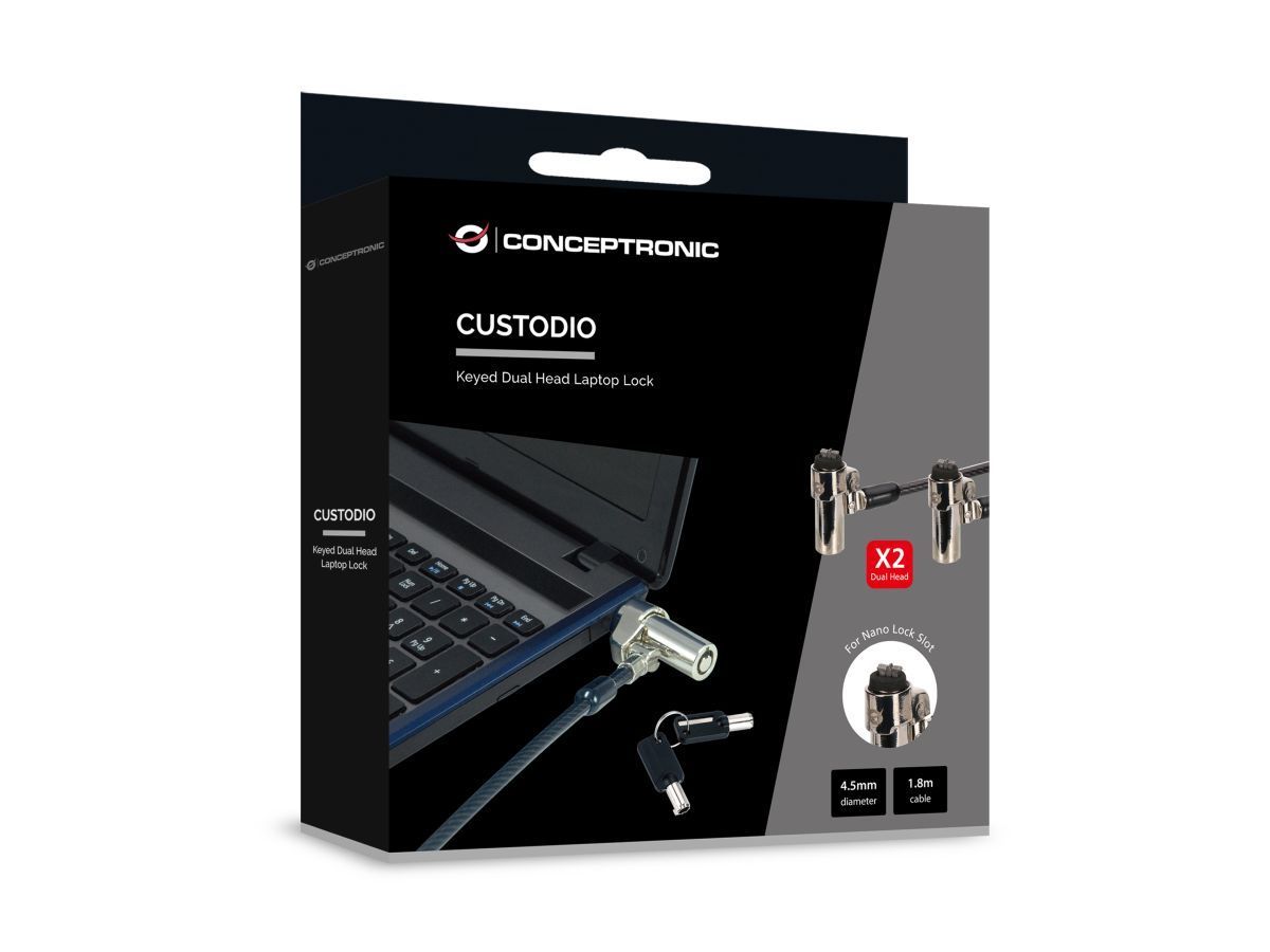 Conceptronic CUSTODIO02BNTM Keyed Dual Head Laptop Lock Master Keyed Compatible 1,8m Black Conceptronic CUSTODIO02BNTM Keyed Dual Head Laptop Lock Master Keyed Compatible 1,8m Black