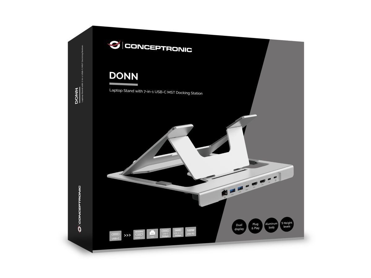 Conceptronic DONN35S Laptop Stand with 7-in-1 USB-C MST Docking Station Silver Conceptronic DONN35S Laptop Stand with 7-in-1 USB-C MST Docking Station Silver