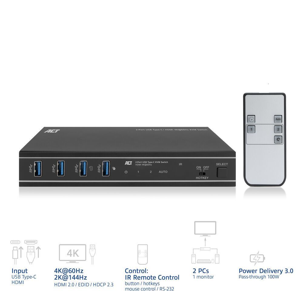 ACT AC7922 2-Port USB-C/HDMI 4K@60Hz KVM switch