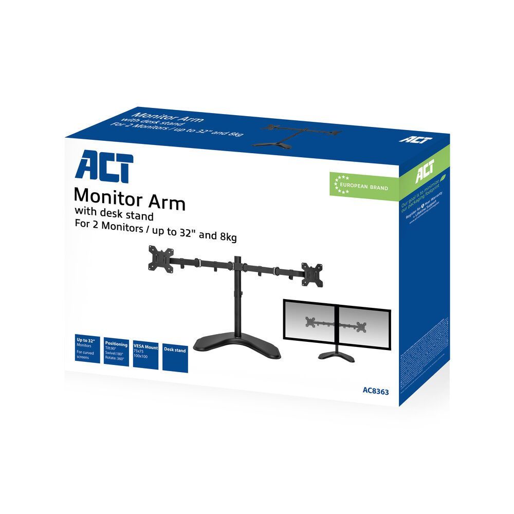 ACT AC8362 Dual Monitor arm desk stand 32" Black