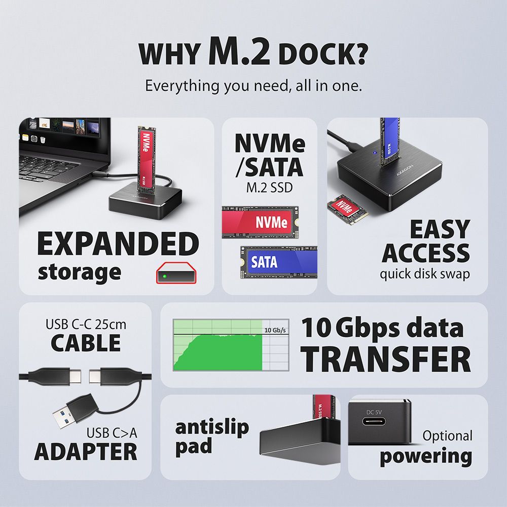 AXAGON ADSA-M2C11 USB-C 10Gbps docking station for M.2 NVMe / SATA SSD AXAGON ADSA-M2C11 USB-C 10Gbps docking station for M.2 NVMe / SATA SSD