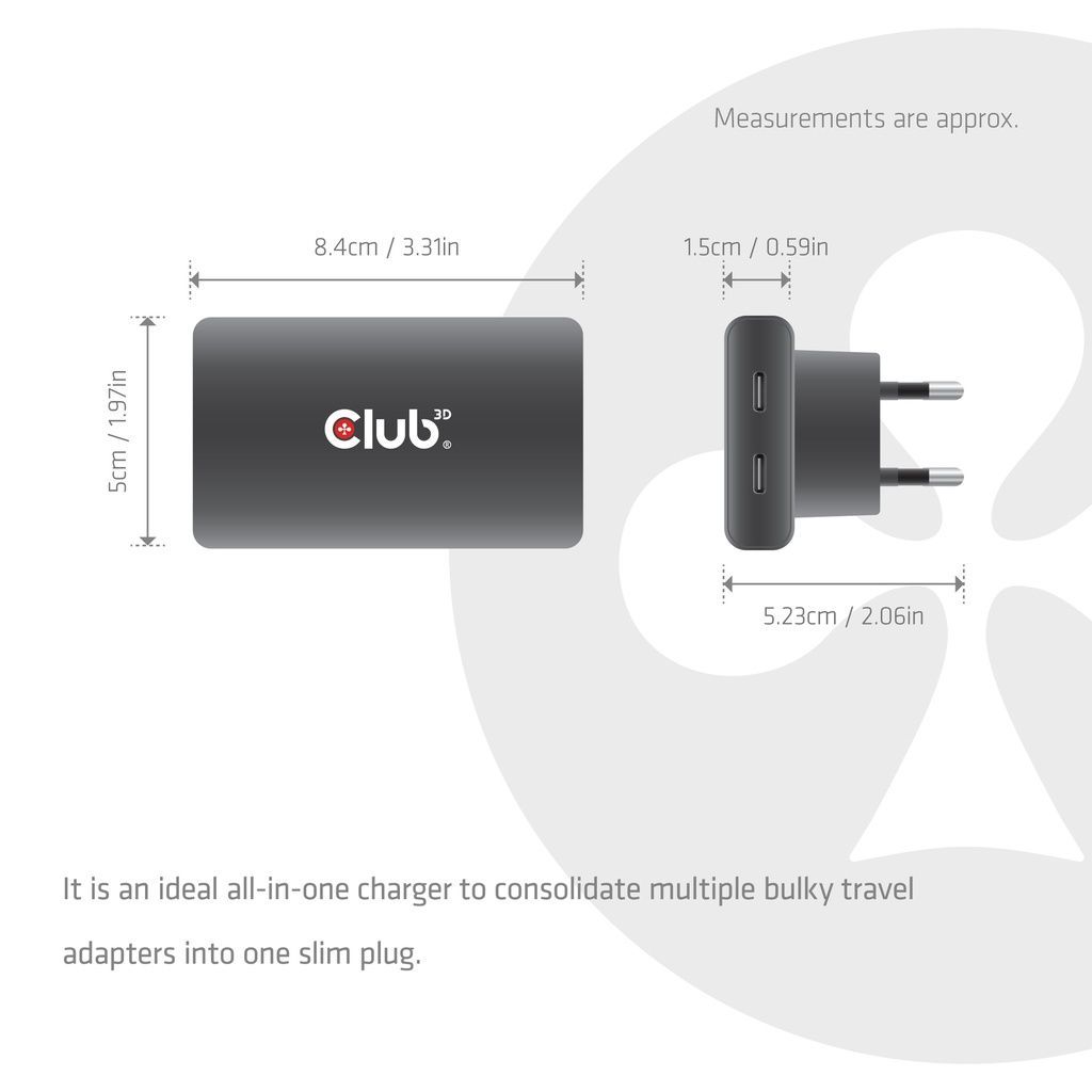 Club3D CAC-1935 USB-C Two Ports Slim Charger 65W GaN PD3.1 PPS