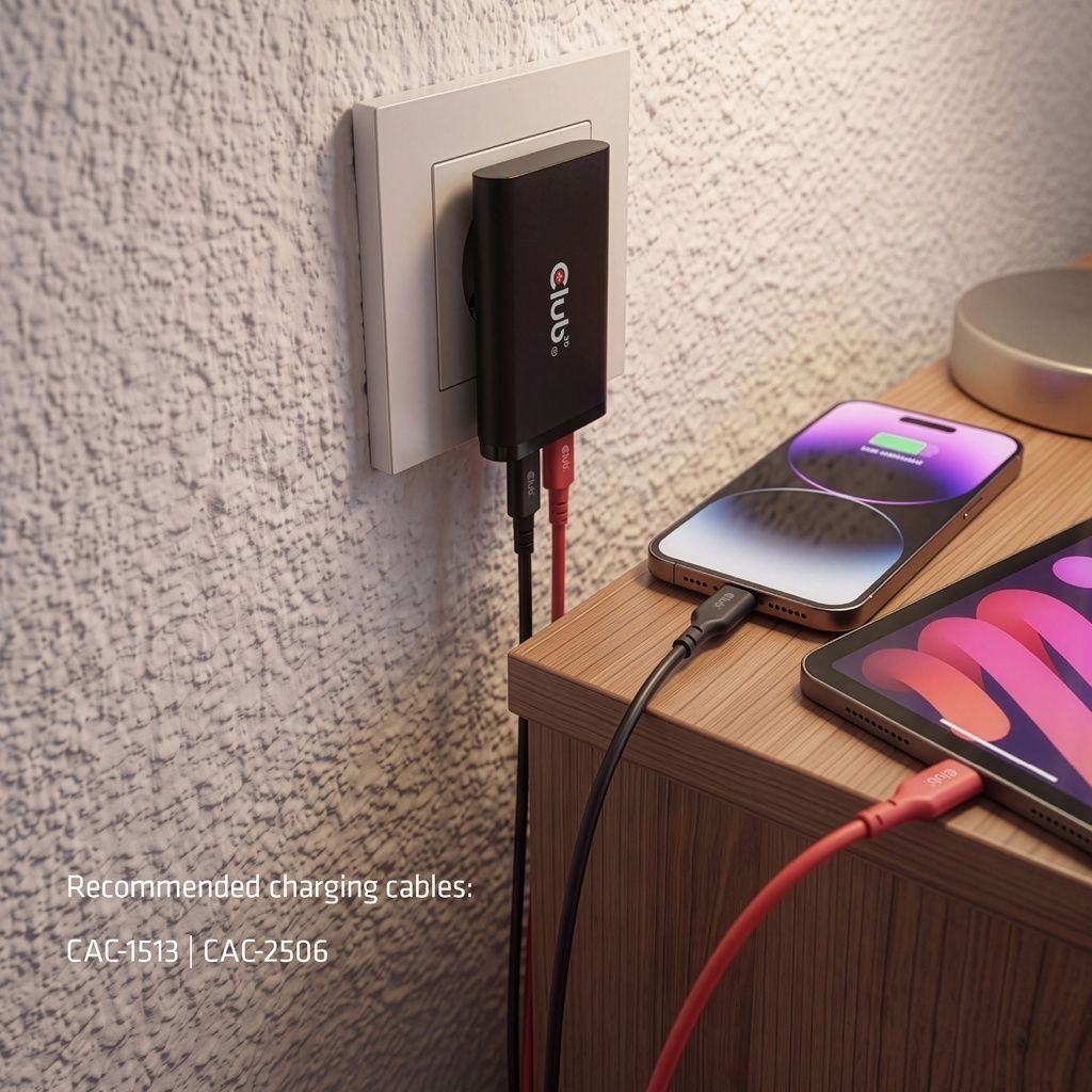 Club3D CAC-1935 USB-C Two Ports Slim Charger 65W GaN PD3.1 PPS