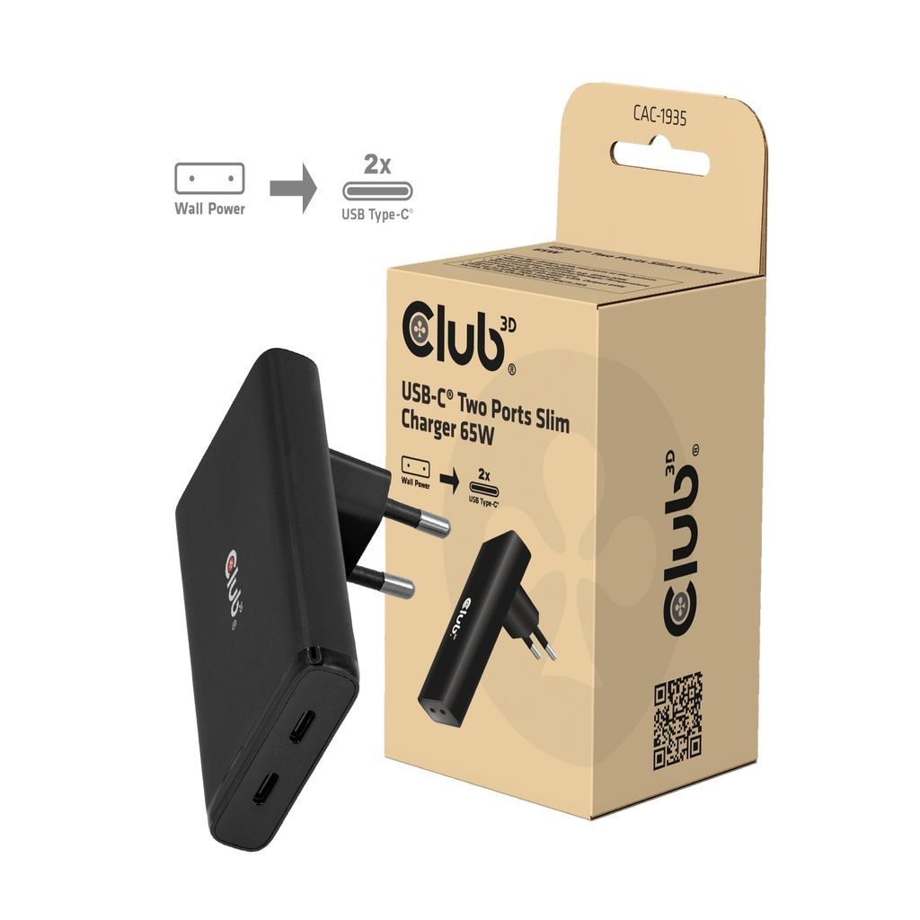 Club3D CAC-1935 USB-C Two Ports Slim Charger 65W GaN PD3.1 PPS