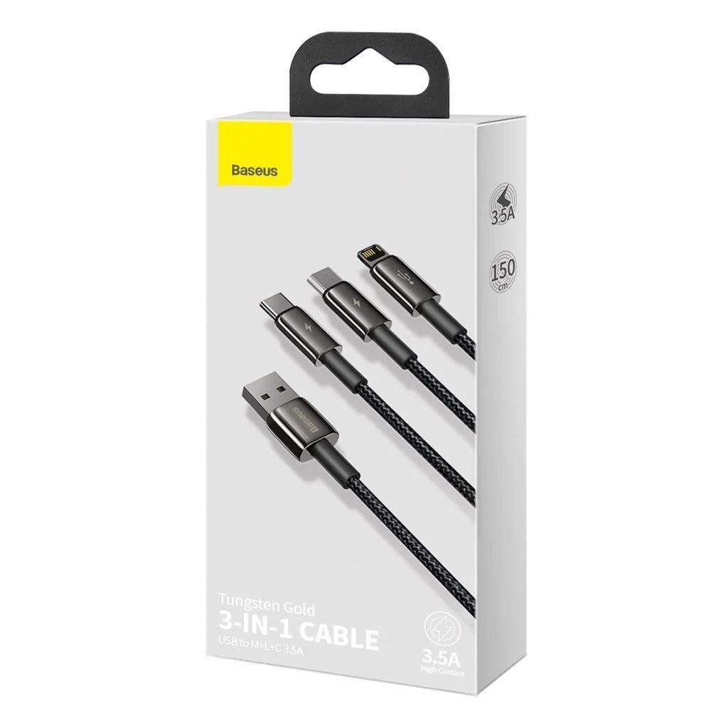 Baseus Tungsten Gold 3in1 Micro/Lightning/USB-C adat/töltőkábel 3,5A 1,5m Black Baseus Tungsten Gold 3in1 Micro/Lightning/USB-C adat/töltőkábel 3,5A 1,5m Black