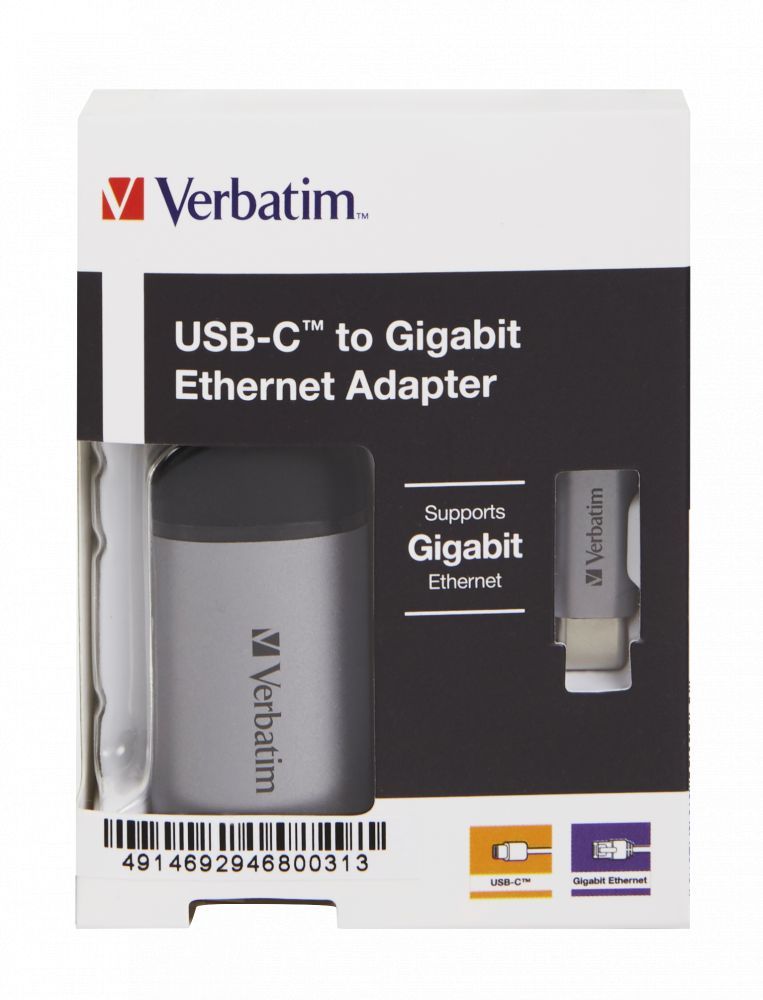 Verbatim USB-C to Gigabit Ethernet Adapter Aluminium/Black Verbatim USB-C to Gigabit Ethernet Adapter Aluminium/Black